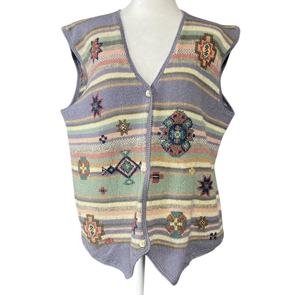 Vintage Orvis Sweater Vest Womens XL Multicolor Wool Western Tribal Knit Button